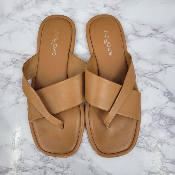 J/SLIDES Tan Leather Sandals Asymmetrical Slip-On Strappy - Picture 1 of 8